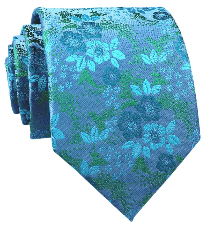 Elfeves Mens Teal Blue Ties Floral Fashion Woven Silk Paisley Party Formal Necktie Gifts - Image 1